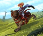 ambiguous_gender anthro brown_body brown_fur cape capybara caviid claws clothed clothing detailed_background digitigrade feral field flamespitter fur hi_res karadur kobold mammal outside plains red_body red_scales reins rodent saddle scales 