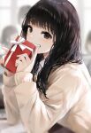  1girl :d bangs black_hair blunt_bangs blurry blurry_background blush brown_eyes depth_of_field eyebrows_visible_through_hair from_side gift grin highres holding holding_gift kurokuro_illust long_hair long_sleeves looking_at_viewer looking_to_the_side original parted_lips ribbon smile solo_focus sweater teeth upper_body white_ribbon white_sweater 