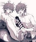  2boys anal anal_object_insertion azuma_(azuma10270724) bangs bar_censor blue_eyes blush bulge censored crossed_bangs cum dildo dual_persona earrings electricity erection erection_under_clothes genshin_impact greyscale hair_between_eyes heart jewelry male_focus male_underwear monochrome multiple_boys multiple_views nipples nude object_insertion open_clothes open_mouth open_shirt penis purple_eyes saliva selfcest sex_toy shirt simple_background single_earring sparkle spot_color sweat tartaglia_(genshin_impact) tears tongue tongue_out twitter_username underwear x-ray yaoi 