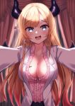 1girl absurdres bangs blonde_hair blue_eyes blush breast_tattoo breasts cleavage collarbone commentary_request curtains demon_girl demon_horns demon_wings eyebrows_visible_through_hair frilled_shirt frills highres hololive horns labcoat large_breasts long_hair looking_at_viewer open_mouth os_(pisiv_id_42236896) outstretched_arms pink_shirt pointy_ears shirt smile solo tattoo virtual_youtuber window wings yuzuki_choco 