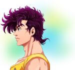  1boy adam&#039;s_apple cowlick diamond_wa_kudakenai earrings higashikata_josuke hotaru_(ss801) jewelry jojo_no_kimyou_na_bouken messy_hair pompadour profile purple_eyes purple_hair shirt smile solo spiked_hair tank_top yellow_shirt 