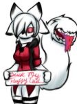  anthro bodily_fluids chimera clothed clothing drooling female fluffy fluffy_tail fur glowing glowing_eyes herm humanoid intersex laffulaffubread legwear low_res neck_tuft saliva sign smile solo static_fluff tail_mouth thigh_highs tongue tongue_out tuft unusual_anatomy unusual_tail white_body white_fur 