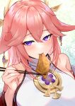  1girl bare_shoulders blush breasts chopsticks eating food genshin_impact hair_between_eyes hair_ornament half-closed_eyes highres holding holding_chopsticks japanese_clothes jura large_breasts looking_at_viewer miko pink_hair purple_eyes solo tofu upper_body yae_miko 