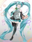  1girl absurdly_long_hair aqua_eyes aqua_hair aqua_necktie bare_shoulders black_legwear black_skirt black_sleeves blurry blurry_background boots cloud commentary cup detached_sleeves food fried_egg full_body grey_background grey_shirt hair_ornament hatsune_miku headphones headset highres holding holding_cup holding_plate leg_up long_hair looking_at_viewer miniskirt necktie open_mouth plate pleated_skirt rain rainbow shirt shoulder_tattoo skirt sleeveless sleeveless_shirt smile solo spring_onion_print standing standing_on_one_leg sun tanpota tattoo thigh_boots thighhighs toast tomato twintails umbrella very_long_hair vocaloid water_drop zettai_ryouiki 