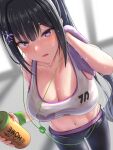  1girl bangs bare_shoulders black_hair black_pants blue_archive blurry blurry_background blush breasts crop_top dot_nose eyebrows_visible_through_hair hair_between_eyes hair_ornament highres holding large_breasts light_blush long_hair looking_at_viewer midriff navel pants ponytail purple_eyes see-through shikakui_kyomu solo sports_bra sportswear sumire_(blue_archive) sweat sweating_profusely tight tight_pants towel wet wet_bra wet_clothes wet_towel white_sports_bra wristband yoga_pants 