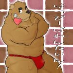  2022 anthro asian_clothing black_nose blush brown_body bulge clothing east_asian_clothing fundoshi goujuyu hi_res holidays japanese_clothing japanese_text kemono male mammal musclegut red_clothing red_fundoshi red_underwear slightly_chubby solo text underwear ursid valentine&#039;s_day 