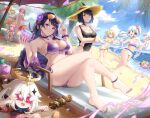  6+girls ass beach bead_bracelet beads bikini blue_sky blush bracelet burnt_green_tea closed_eyes crossed_legs cup day drinking drinking_glass drinking_straw feet food genshin_impact hat highres holding_hands innertube jewelry kamisato_ayaka kujou_sara long_hair looking_at_viewer lumine_(genshin_impact) mole mole_under_eye multiple_girls nail_polish ocean open_mouth paimon_(genshin_impact) partially_submerged ponytail raiden_shogun sangonomiya_kokomi sarashi sarong sayu_(genshin_impact) school_swimsuit short_hair sky smile straw_hat sunglasses swimsuit toenail_polish toenails toes tree v yae_miko yoimiya_(genshin_impact) 