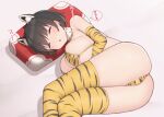  1girl animal_ears animal_print arapi ass bikini black_hair blue_archive breasts closed_eyes elbow_gloves gloves large_breasts open_mouth pillow short_hair sideboob sleeping swimsuit thighhighs tiger_print tsubaki_(blue_archive) 