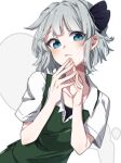  black_headband black_ribbon blue_eyes bob_cut bra collarbone collared_shirt eringi_(rmrafrn) eyes_visible_through_hair fingers_together ghost green_vest hair_ribbon headband highres konpaku_youmu looking_at_viewer ribbon shirt short_hair short_sleeves silver_hair solo touhou unbuttoned unbuttoned_shirt underwear vest white_background white_shirt 