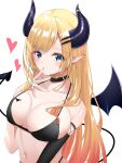  1girl bangs bare_shoulders bikini black_bikini blonde_hair blue_eyes blush breast_tattoo breasts cleavage collarbone commentary_request demon_girl demon_horns demon_tail demon_wings dreamoon elbow_gloves eyebrows_visible_through_hair finger_to_mouth gloves hair_ornament hair_ribbon heart heart_tail highres hololive horns large_breasts long_hair looking_at_viewer mixed-language_commentary navel pointy_ears ribbon solo string_bikini swimsuit tail tattoo virtual_youtuber wings yuzuki_choco 