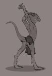  anthro anus arms_above_head citrus_(character) clothed clothing digitigrade female flamespitter flat_chested genitals gloves_(marking) grey_background horn kobold leg_markings looking_at_viewer looking_back markings pussy scales simple_background sketch smile smirk socks_(marking) solo stretching topless 