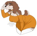  2022 5_fingers anthro blue_eyes breasts brown_hair canid canine canis clothed clothing digital_media_(artwork) domestic_dog eyewear female fingers glasses hair hi_res kittydee mammal smile 