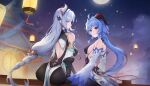  2girls :o ahoge ass back backless_outfit bare_shoulders black_bodysuit blue_eyes blue_hair bodysuit braid braided_ponytail breasts building from_behind full_moon ganyu_(genshin_impact) genshin_impact gloves hair_ornament highres horns lantern le_(huanglongen) long_hair long_sleeves looking_at_viewer looking_back medium_breasts moon multiple_girls night night_sky open_mouth outdoors purple_eyes shenhe_(genshin_impact) sideboob silver_hair sitting sky very_long_hair 