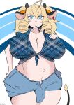  animal_humanoid big_breasts blonde_hair blue_eyes bottomwear bovid bovid_horn bovid_humanoid bovine bovine_horn bovine_humanoid bow_ribbon breasts bulge chubby_gynomorph cleavage clothed clothing cow_horn cowgirl_(disambiguation) curls cutoffs denim denim_clothing e-claire ear_tag flannel_shirt gynomorph hair hand_on_breast hand_on_hip hi_res horn huge_breasts humanoid intersex jamkat mammal mammal_humanoid midriff navel shirt shorts straw_in_mouth tail_tuft tied_shirt topwear tuft twintails_(hairstyle) unbuttoned_shirt unbuttoned_shorts 