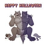  2_heads anthro bottomwear candy canid canine canis claws clothing conjoined dessert duo eating eating_candy fangs felid food fruit halloween himbo holidays loincloth male male/male mammal multi_head nipples pantherine patch_and_stitch patchwork_creature paws plant pumpkin sitting stitch_(disambiguation) wolf zipperhyena 