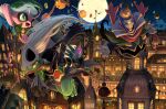  architecture building city cityscape cloud commentary_request costume dusknoir english_commentary flying ghost grovyle halloween halloween_costume highres jack-o&#039;-lantern jigglypuff karamimame looking_at_viewer mixed-language_commentary moon night no_humans outdoors pokemon pumpkin rooftop scenery sceptile sky treecko 