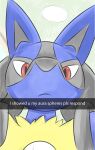  absurd_res anthro blue_body blue_fur canid canine close-up fur grey_body grey_fur hi_res lucario male mammal meme mr_fuwa nintendo photo please_respond pok&eacute;mon pok&eacute;mon_(species) red_eyes snout solo spikes video_games yellow_body yellow_fur 
