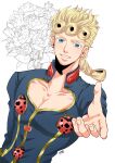  1boy absurdres blonde_hair blue_eyes braid bug cleavage_cutout clothing_cutout giorno_giovanna highres hotaru_(ss801) jojo_no_kimyou_na_bouken ladybug male_focus outstretched_hand pectoral_cleavage pectorals solo vento_aureo wing_ornament 