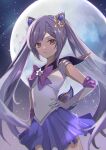  1girl absurdres bishoujo_senshi_sailor_moon bow bowtie braid cosplay frilled_skirt frills full_moon genshin_impact gloves hair_ornament hand_on_hip highres keqing_(genshin_impact) looking_at_viewer moon night purple_eyes purple_hair sailor_collar sailor_senshi_costume sailor_senshi_uniform skirt solo white_gloves yui_4293 