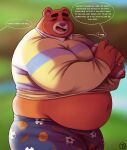  2022 animal_crossing anthro belly blush bottomwear bulge clothing english_text eyes_closed hi_res humanoid_hands male mammal navel nintendo obese obese_male overweight overweight_male shorts solo teddy_(animal_crossing) text trashtoonz ursid video_games 