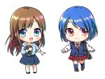  2girls bangs black_footwear blue_hair blue_legwear brown_footwear brown_hair chibi collared_shirt commentary domestic_na_kanojo dress_shirt full_body holding komiyama_sato_(pensmiler) loafers long_hair long_sleeves looking_at_viewer miniskirt multiple_girls necktie no_nose open_mouth parted_bangs plaid plaid_skirt red_skirt school_uniform shiny shiny_hair shirt shoes siblings sisters skirt smile standing striped striped_shirt tachibana_hina tachibana_rui vertical-striped_shirt vertical_stripes white_shirt 