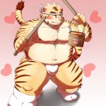 2022 anthro asian_clothing belly biped blush bulge clothing cute_fangs east_asian_clothing felid fundoshi hi_res holidays humanoid_hands japanese_clothing kemono male mammal mohumohudansi overweight overweight_male pantherine pink_nose solo tiger underwear valentine&#039;s_day white_clothing white_fundoshi white_underwear 