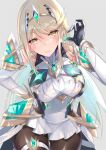  bangs bare_shoulders black_legwear blonde_hair breasts cleavage cleavage_cutout clothing_cutout dress earrings elbow_gloves gloves headpiece inoue_takuya_(tactactak) jewelry large_breasts long_hair mythra_(massive_melee)_(xenoblade) mythra_(xenoblade) short_dress swept_bangs tiara very_long_hair white_dress white_gloves xenoblade_chronicles_(series) xenoblade_chronicles_2 yellow_eyes 