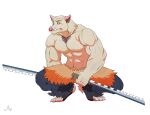  anthro audiophilliac body_hair bottomwear chest_hair clothing crouching demon_slayer fur grey_body grey_fur grumpy hi_res inosuke_hashibira kimetsu_no_yaiba looking_away male mammal melee_weapon muscular muscular_anthro muscular_male pants suid suina sus_(pig) sword weapon wild_boar 