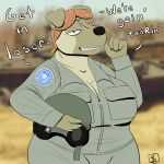  2019 anthro armor big_breasts blurred_background breasts canid canine canis cleavage clothed clothing dialogue domestic_dog female fiona_bennett headgear helmet hi_res looking_at_viewer m60_patton mammal military military_helmet military_uniform photo_background savagelyrandom solo talking_to_viewer tank uniform vehicle 