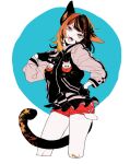  1girl :d animal_ears bandaid bandaid_on_knee between_legs black_hair bobbbob brown_hair cat_ears cat_girl cat_tail cowboy_shot fangs gloves hand_on_hip hand_on_own_chest head_tilt jacket letterman_jacket long_hair multicolored_hair original outside_border short_shorts shorts smile solo streaked_hair tail tail_between_legs yellow_eyes 