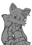  2021 absurd_res animal_humanoid anthro bell belt black_and_white canid canine clothed clothing collar digital_media_(artwork) erickatailsko fox fur girly gloves handwear hi_res humanoid looking_at_viewer male mammal miles_prower monochrome open_mouth sega simple_background solo sonic_the_hedgehog_(series) video_games 