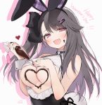  1girl :d animal_ears azur_lane bare_arms bare_shoulders black_hair black_leotard bow breasts byulzzi chocolate chocolate_on_body clothing_cutout fake_animal_ears fake_tail fang food_on_body frills hair_bow hair_ornament hairband hairclip heart large_breasts leotard long_hair looking_at_viewer one_side_up pamiat_merkuria_(azur_lane) pink_eyes playboy_bunny rabbit_ears rabbit_tail revealing_clothes smile smug solo tail underboob underboob_cutout upper_body valentine wrist_cuffs 
