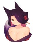  absurdres animal_ears bangs bare_shoulders breasts cleavage closed_mouth collarbone fox_ears fox_girl fox_tail hair_over_one_eye highres japanese_clothes kimono large_breasts looking_at_viewer multicolored_hair purple_hair red_kimono sewayaki_kitsune_no_senko-san sora_(sewayaki_kitsune_no_senko-san) tail two-tone_hair upper_body yellow_eyes 