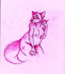  absurd_res anthro belly breasts canid canine cigarette ear_piercing ear_ring female fox hi_res mammal piercing pink_body pose smoking tattoo yeendream 