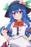  1girl black_headwear blue_hair blush buttons closed_mouth collared_shirt eyebrows_visible_through_hair food fruit hair_between_eyes hands_on_hips hat hinanawi_tenshi long_hair peach puffy_short_sleeves puffy_sleeves red_eyes shirt short_sleeves simple_background smile solo stroma touhou upper_body white_background white_shirt 