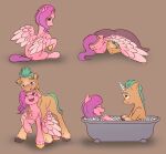  bath bedding blanket blush brown_background bubble cuddling earth_pony equid equine eyebrows female feral green_hair hair happy hasbro hitch_trailblazer_(mlp) hooves horse itssim larger_male looking_at_another looking_down looking_up male mammal mlp_g5 my_little_pony pegasus pink_body pipp_petals_(mlp) pony purple_hair simple_background sitting size_difference smaller_female tan_body using_wings wing_hug wings 