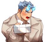  1boy bara blue_eyes blue_fire blue_hair blush coat collared_shirt fiery_hair fire forked_eyebrows highres incoming_gift kizami_nori_to_yamaimo male_focus muscular muscular_male pov scar scar_on_cheek scar_on_face shirt short_hair sideburns solo thick_eyebrows toji_(housamo) tokyo_afterschool_summoners upper_body 