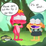  2_toes 3_fingers albinoturtle amphibia_(series) amphibian blush clothes_on_ground clothing covering covering_crotch disney duo feet female fingers forest frog hair hat headgear headwear ivy_sundew male male/female orange_hair plant speech_bubble sprig_plantar text toes tree 