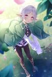  1girl absurdres ahoge bai-hyacinth black_legwear blurry blurry_foreground boots cape elf fantasy gloves grass green_cape highres knee_boots long_sleeves looking_at_viewer mushoku_tensei outdoors pants pointy_ears red_eyes shirt silver_hair solo standing sylphiette_(mushoku_tensei) wand white_gloves white_shirt wind 