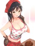 1girl bangs black_hair blush breasts brown_gloves chocolate chocolate_making cleavage commentary_request flying_sweatdrops gloves hand_on_hip head_scarf heart heart_print large_breasts long_hair looking_at_viewer navel original parted_lips simple_background smile solo tank_top yaegashi_nan yellow_eyes 