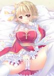  1girl arch_bishop_(ragnarok_online) bangs blonde_hair blush bow breasts brown_eyes cameltoe cleavage_cutout closed_mouth clothing_cutout commentary_request cross dress eyebrows_visible_through_hair feet_out_of_frame frilled_dress frilled_sleeves frills hair_between_eyes hair_bow kizuki_erika large_breasts looking_at_viewer lying official_alternate_costume on_back on_bed panties pointy_ears ragnarok_online sash short_hair smile solo thighhighs two-tone_dress underwear white_dress white_legwear white_panties yellow_bow yellow_sash 