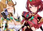 2girls bangs black_gloves blonde_hair box breasts chest_jewel dress earrings elbow_gloves fingerless_gloves gift gift_box gloves headpiece heart-shaped_box highres jewelry large_breasts long_hair multiple_girls mythra_(xenoblade) one_eye_closed open_mouth pyra_(xenoblade) red_eyes red_hair short_dress short_hair super_smash_bros. super_smash_bros._logo swept_bangs tiara very_long_hair white_gloves xenoblade_chronicles_(series) xenoblade_chronicles_2 yellow_eyes yuuki_shin 