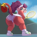  anthro big_butt butt clothed clothing detailed_background eyewear female fur glasses haplorhine hi_res hyoumaru looking_back low-angle_view mammal monkey outside panties primate solo sportswear tennis_court tennis_racket underwear 