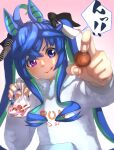  1girl :t @_@ absurdres ahoge animal_ears bangs blue_eyes blue_hair blurry blurry_foreground chocolate clothes_writing commentary_request crossed_bangs depth_of_field ear_covers fang fang_out food food_on_face gradient gradient_background green_hair hair_between_eyes heterochromia highres horse_ears incoming_food long_hair long_sleeves multicolored_hair pink_background purple_eyes smile solo streaked_hair sweets thin_(suzuneya) twin_turbo_(umamusume) twintails two-tone_hair umamusume upper_body valentine 