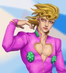  1boy be-quieter blonde_hair blurry blurry_background bug giorno_giovanna hair_down jojo_no_kimyou_na_bouken ladybug lips male_focus pectoral_cleavage pectorals red_eyes solo vento_aureo wing_ornament 