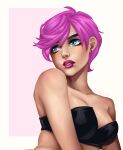  1girl bare_shoulders be-quieter blue_eyes breasts cleavage earrings jewelry jojo_no_kimyou_na_bouken lipstick makeup pink_hair pink_lips realistic short_hair solo trish_una vento_aureo 