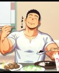  1boy bara biceps black_hair cheek_bulge chopsticks closed_eyes commentary cross_scar curry curry_rice eating food happy holding holding_chopsticks holding_spoon itto_(mentaiko) large_pectorals male_focus original pectoral_cleavage pectorals rice scar scar_on_cheek scar_on_face shirt smile spoon thick_eyebrows translated upper_body white_shirt 