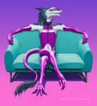  anthro clothing crotchless_clothing furgonomics furniture garter_straps glistening glistening_clothing gloves handwear hi_res latex latex_gloves latex_stockings legwear looking_at_viewer male mitokep sergal simple_background sitting sofa solo stockings tail_clothing tail_sleeve 