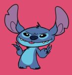  2018 alien angoraram black_eyes blep blue_body blue_fur blue_nose chest_tuft claws colored_sketch digital_drawing_(artwork) digital_media_(artwork) disney experiment_(lilo_and_stitch) flat_colors fur gesture head_tuft lilo_and_stitch low_res notched_ear pink_background sharp_teeth simple_background sketch solo standing stitch_(lilo_and_stitch) teeth tongue tongue_out tuft v_sign 