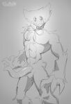  anthro blue_body blue_fur bow_ribbon claws erection fur genitals hi_res huggy_wuggy humanoid lanopoli lips male monochrome monster muscular muscular_anthro muscular_humanoid muscular_male nude penis prehensile_penis simple_background solo teeth_showing teeth_visible 